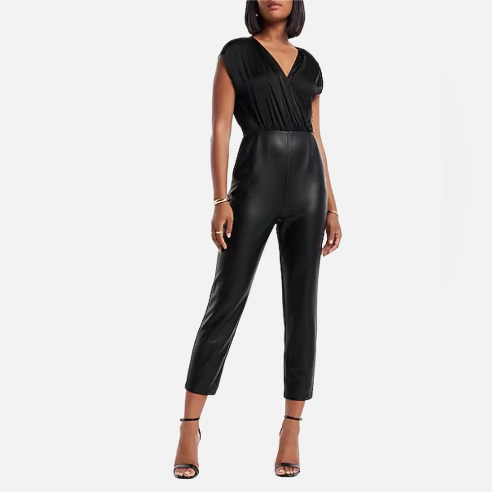 Express Cap Sleeve Faux Leather Jumpsuit in Black XS